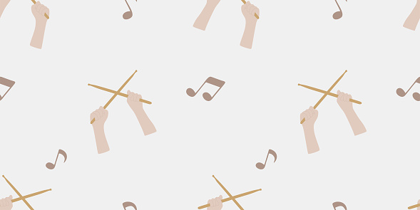 Drummer hands with Drumsticks and Musical notes seamless pattern. Vector Flat style template for Wrapping paper, Packaging, Wallpaper. Music concept background. Isolated elements