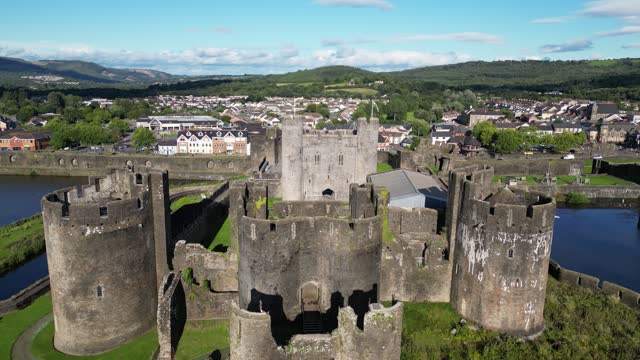 Drone shot of Caerphilly Castle (Welsh: Castell Caerffili) in Wales, UK