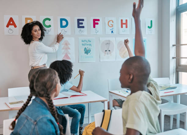 istock Education, children with question or students hands with exam learning, language teacher assessment or scholarship support. Hand, school or group of kids in classroom for alphabet help or test study 1807675618