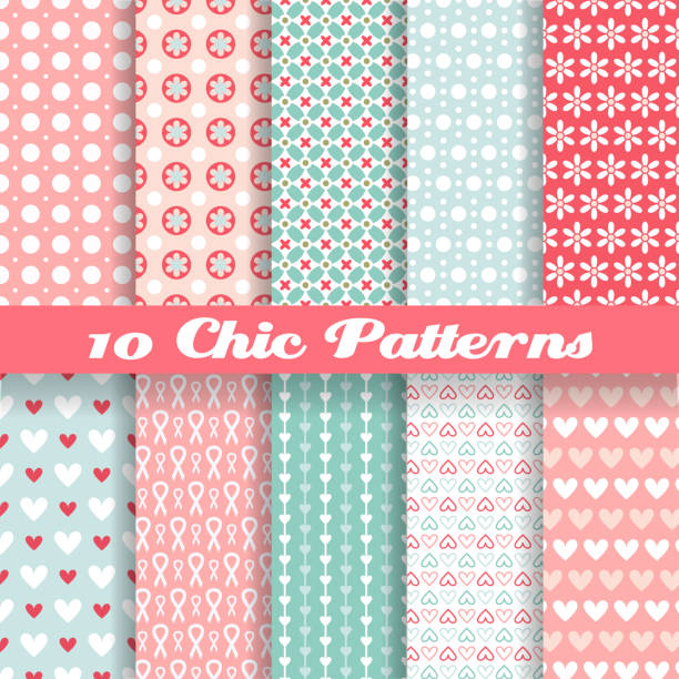 Chic different vector seamless patterns (tiling). 10 Chic different vector seamless patterns (tiling). Pink and blue color. Endless texture can be used for printing onto fabric and paper or scrap booking. Heart, flower and dot shape. backgrounds pink scrapbook abstract stock illustrations