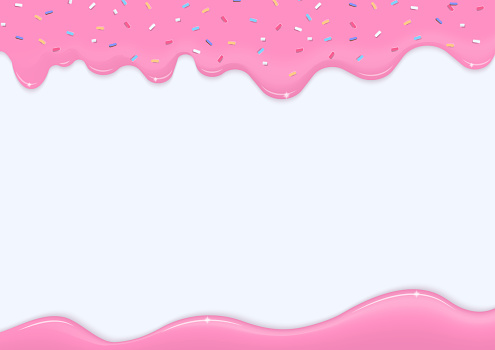Bakery background. Pink liquid with multicolor sugar sprinkles dripping on a white background.  Vector illustration.