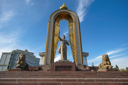 Dushanbe, Tajikistan - November 17, 2023: Views of the Monument of Ismail Samani in Dushanbe, Tajikistan.