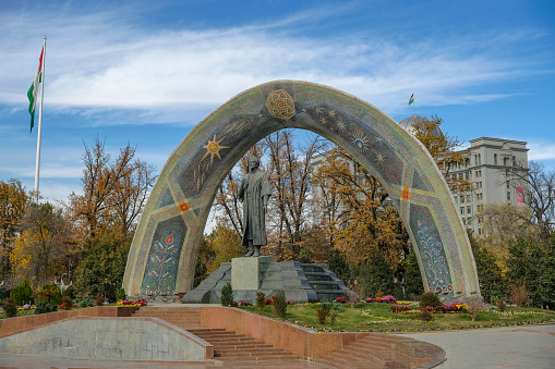 Dushanbe, Tajikistan - November 17, 2023: Views of the Rudaki Park in Dushanbe, Tajikistan.