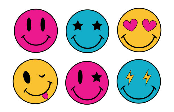 Cool Smile Y2K Stickers Set vector illustration. Trendy Pop Art Characters Patches. Groovy retro Emoticons.