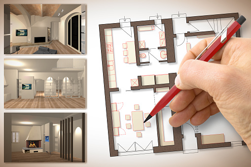 Architect drawing an interior design. Concept image with indoor rendering an residential interior plan.