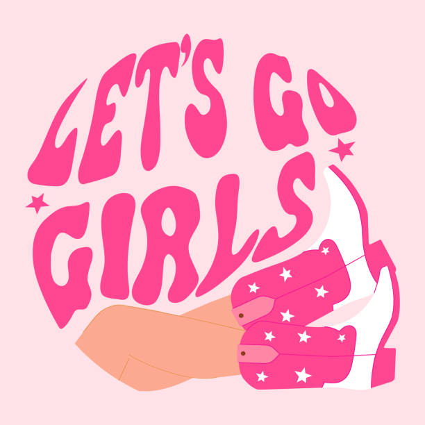 Let s go girls ink quotes. Cowboy western and wild west theme. Women's legs in pink cowboy boots. Print for t-shirt, balloon print, sticker. Let s go girls ink quotes. Cowboy western and wild west theme. Women's legs in pink cowboy boots. Print for t-shirt, balloon print, sticker 70s theme stock illustrations