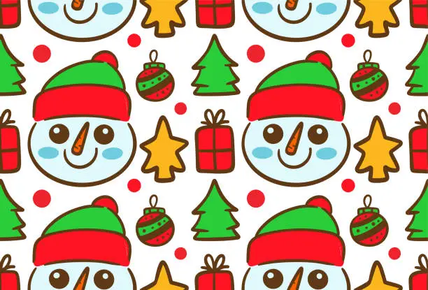 Vector illustration of Snowman face with Christmas object hand drawn cartoon seamless pattern