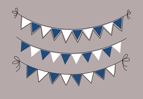 Greek holiday greeting card.  Greece garland of white and blue triangular flags. Decorative garland set. Doodle vector illustration.