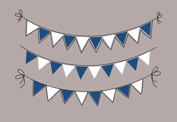 Vector illustration of Greek holiday greeting card.  Greece garland of white and blue triangular flags. Decorative garland set. Doodle vector illustration