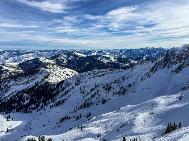 Snowy mountains on a sunny day at a ski resort in Utah.