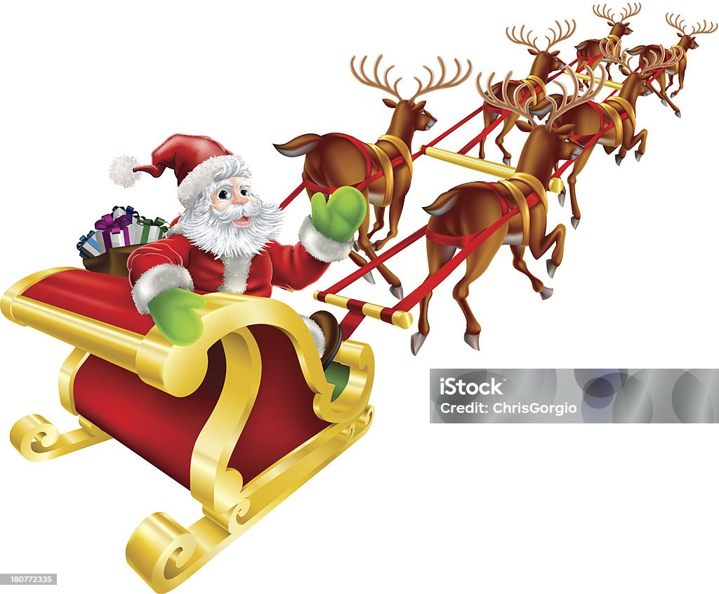 Natale Babbo Natale vola in una slitta - arte vettoriale royalty-free di Slitta da traino