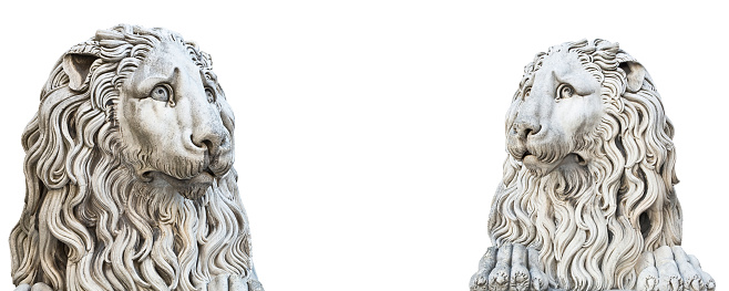 Sculpture of a medieval lion head of stone (Italy) - concept with central copy space isolated on white for easy selection