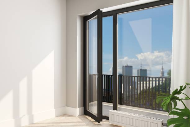 Black plastic balcony door with a window