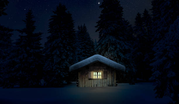 istock Snow-covered winter hut on a starry night 1807740960