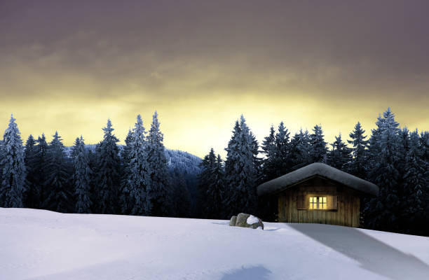 istock Snow-covered winter hut on a starry night 1807741481