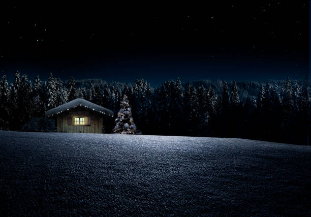 istock Snow-covered winter hut on a starry night 1807742030