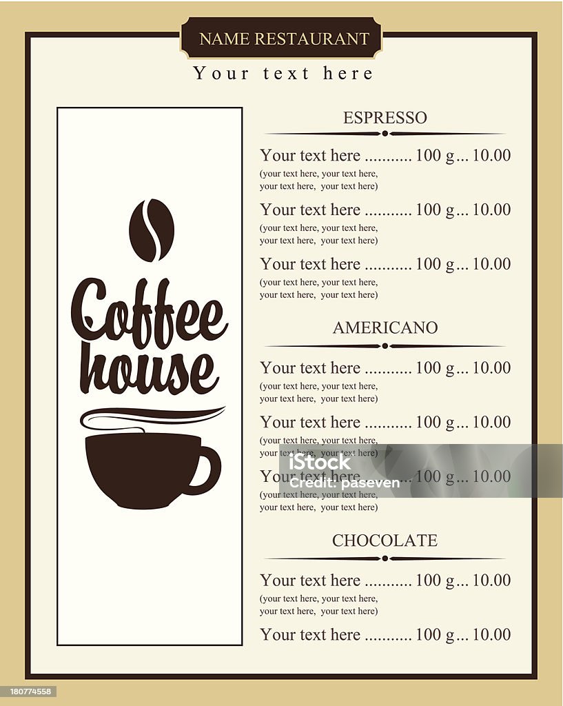 coffee menu menu list for coffee house with a cup of grain and Cafe stock vector