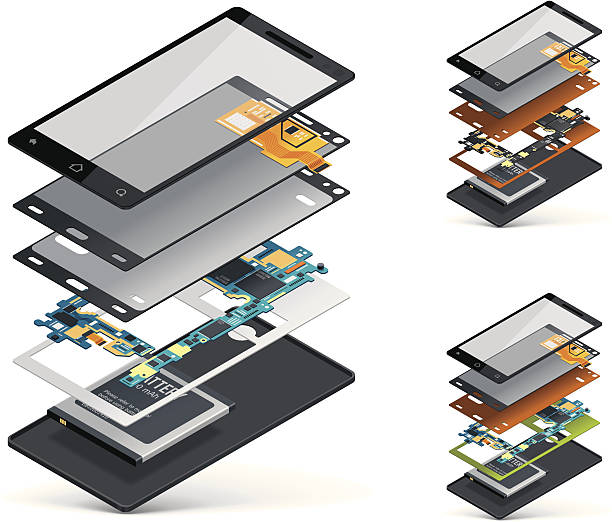 Isometric smartphone cutaway Detailed vector image of the dissected smartphone disassembling stock illustrations