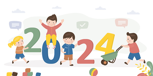 New 2024 year. Group of preschool kids celebrate for new year 2024. Happy children with giant numbers. flat vector illustration