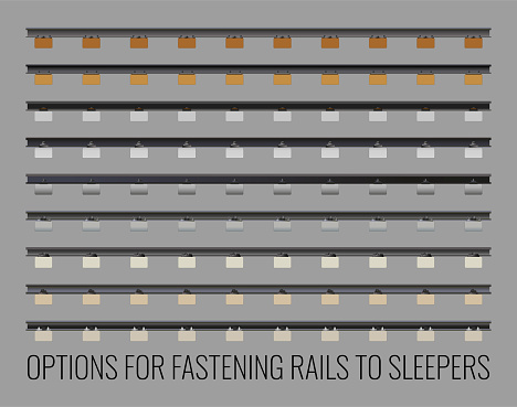 Set of vector illustrations of OPTIONS FOR ATTACHING RAILS TO SLEEPERS.