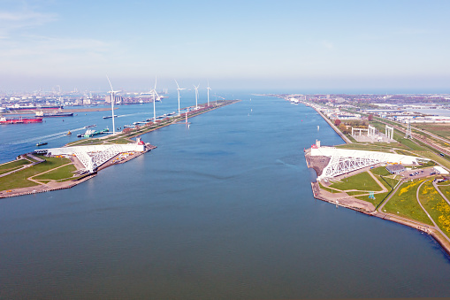 Aerial from the Maaslandkering on the Nieuwe Waterweg in Rotterdam Netherlands