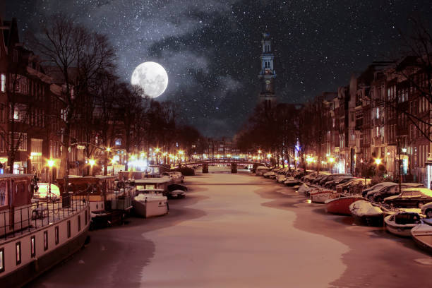 Amsterdam, Netherlands-February, 10th 2012:Ice skaters on the frozen Keizersgracht canal in the centre of amsterdam