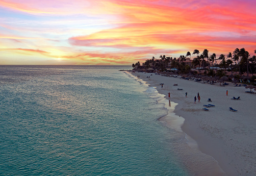 Aerial from Druif beach on Aruba island at sunset