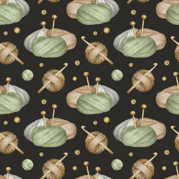 Brown, gray and green yarn balls, knitting needles, buttons . Watercolor seamless pattern on dark background. For fabric, packaging paper, scrapbooking, product packaging design, yarn or wool shop. Brown, gray and green yarn balls, knitting needles, buttons . Watercolor seamless pattern on dark background. For fabric, packaging paper, scrapbooking, product packaging design, yarn or wool shop. sewing thread rolled up creation stock illustrations