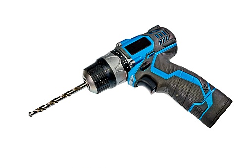 Used Electric Drill with Blue Trim on a white background