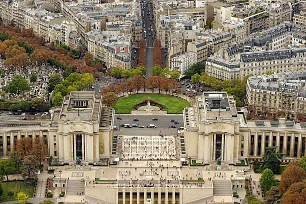 Trocadero square seen from top of Eiffel Tower, Paris