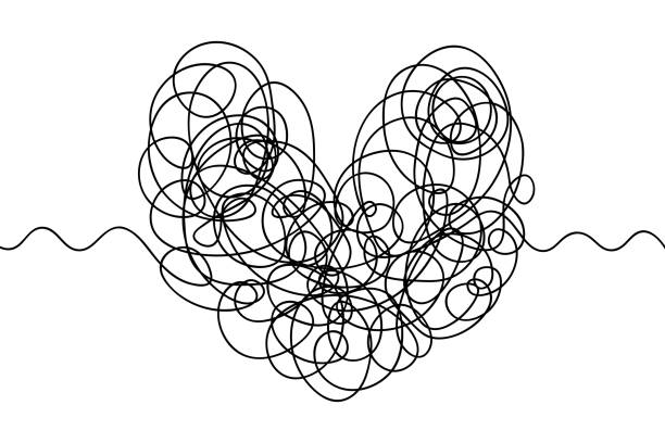 herz aus kritzeleien. eine handgezeichnete herzform aus spiralförmigen linien mit einem anfang und einem ende. - chaos sketch heart shape two dimensional shape stock-grafiken, -clipart, -cartoons und -symbole