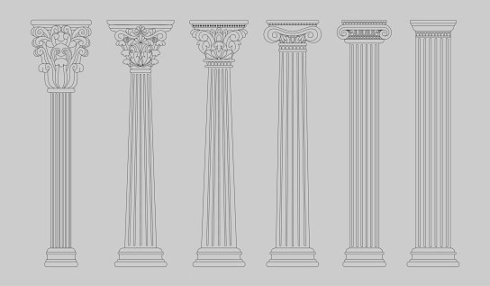 Roman, greek columns. Antique rome pillar, classic baroque temple, ancient doric architecture. Building facade with carved stone decorations. Line isolated elements. Vector tidy white decoration