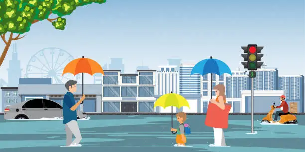 Vector illustration of People with umbrella walking on city street in rainy day.