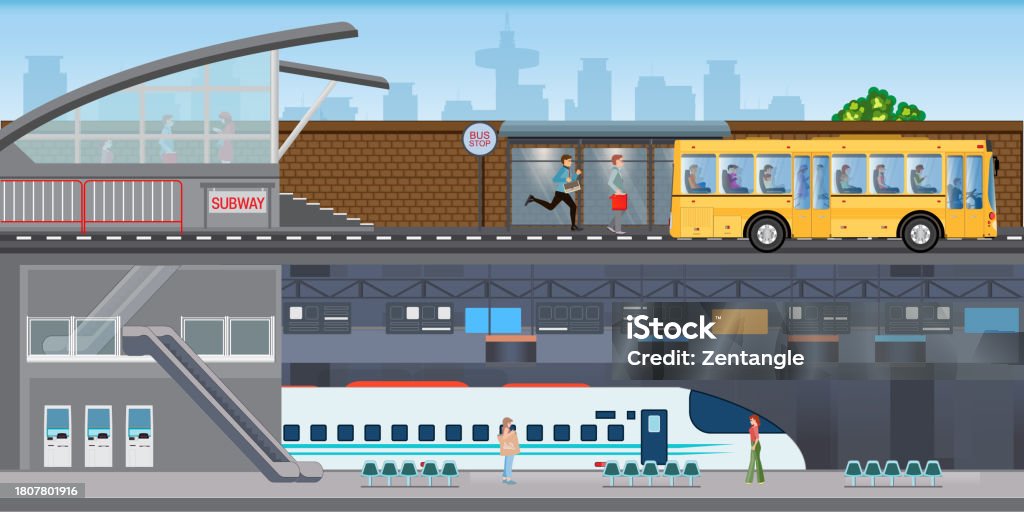 Bus Underground Design Public Transit Service Design Elements With City Bus And Subway Stock ...