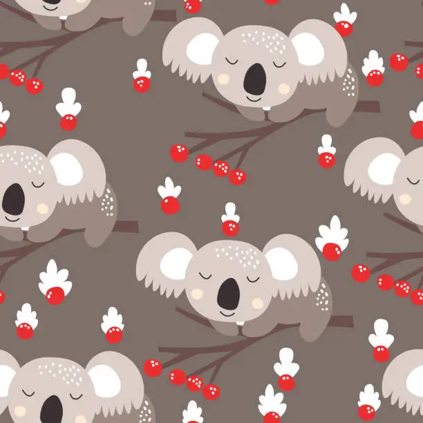 Vector illustration of Seamless pattern with cute koala baby on color background. Funny australian animals. Card, postcards for kids. Flat vector illustration for fabric, textile, wallpaper, poster, paper
