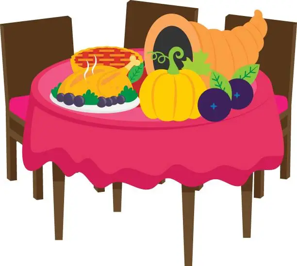 Vector illustration of Cornucopia Decorated with Traditional Thanksgiving Dinners Table concept vector icon design, Thanksgiving Day symbol, Turkey Day sign, National cultural holidays scene stock illustration
