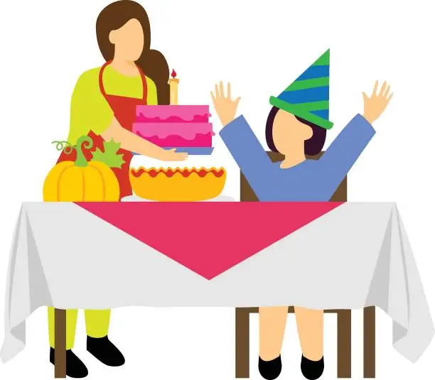 Vector illustration of Mother and Daughter Celebrating together concept, single mother presenting the Cake vector icon design, Thanksgiving Day symbol, Turkey Day sign, National cultural holidays scene stock illustration