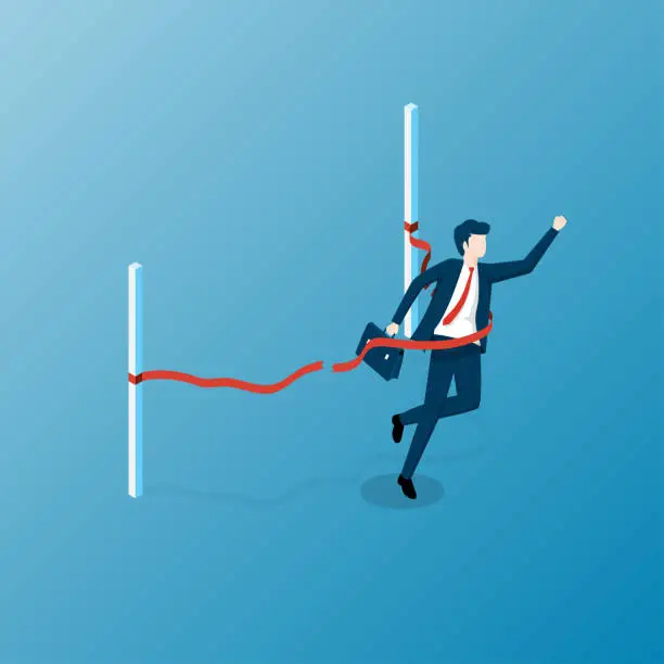 Vector illustration of Isometric Business Success Concept. Businessman crossing the finish line with red ribbon. illustrator vector.