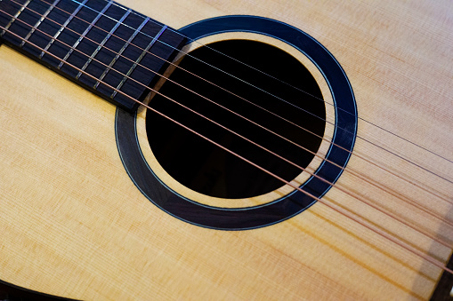 Closeup of an acoustic guitar on brown wood background.