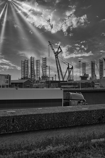 The crane at work photographed in black and white November 2023