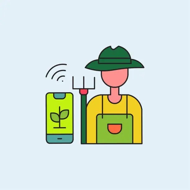 Vector illustration of Gardener, cell phone and agricultural equipment. Smart agriculture concept