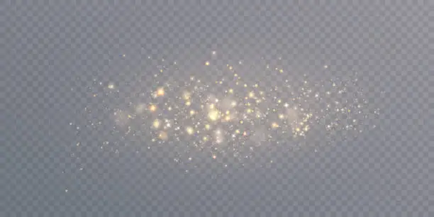 Vector illustration of Light dust with many flickering particles. Christmas gold dust background PNG overlay effect for congratulations, invitations, advertising and game design.