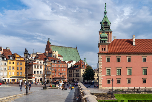 Krakow, Poland - July 18, 2023: Cityscape with main square Rynek Glowny and St. Mary's Basilica of Krakow Malopolska region in Poland