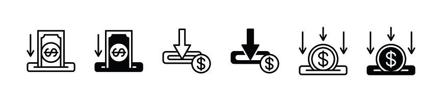 Financial deposits icon set. Deposit money. Money deposited or stored in a bank account. Vector illustration