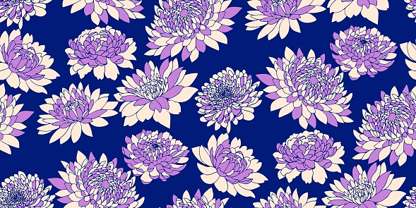 Creative shape floral seamless pattern.  Vector hand drawn sketch. Abstract silhouettes flowers peonies, dahlia on a bright blue background.