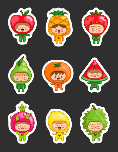 Vector illustration of Cute children in fruit costumes. Sticker Bookmark. Funny boys and girls cartoon characters in clothes apple, pineapple, strawberry, pear, orange, watermelon, pitaya, lemon, durian.