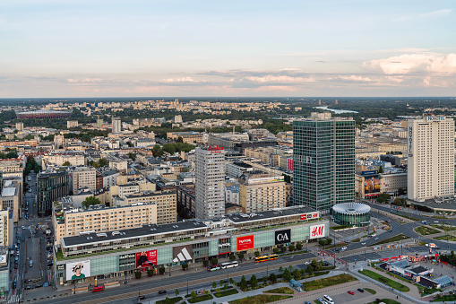 November 22, 2023: Warsaw, Poland - The cityscape and skyline of Warsaw. Photo taken from aerial perspective and shows the massive sprawl of the city.