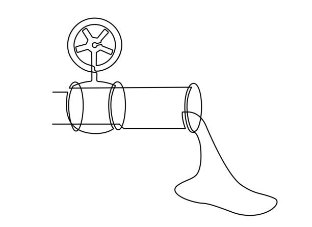 illustrazioni stock, clip art, cartoni animati e icone di tendenza di tubo metallico con fuoriuscita di liquido. disegno a linea continua. illustrazione vettoriale. - engine oil oil oil industry cartoon