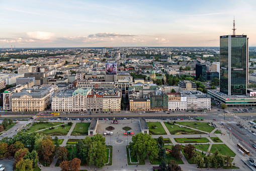 November 22, 2023: Warsaw, Poland - The cityscape and skyline of Warsaw. Photo taken from aerial perspective and shows the massive sprawl of the city.