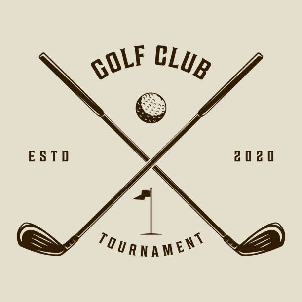logo golfového klubu vintage vektorová ilustrace šablona ikona grafický design. míč a hokejka sportovního znaku nebo symbolu turnaje nebo klubu s vlajkou a typografií v retro stylu - golfová hůl sportovní vybavení stock ilustrace